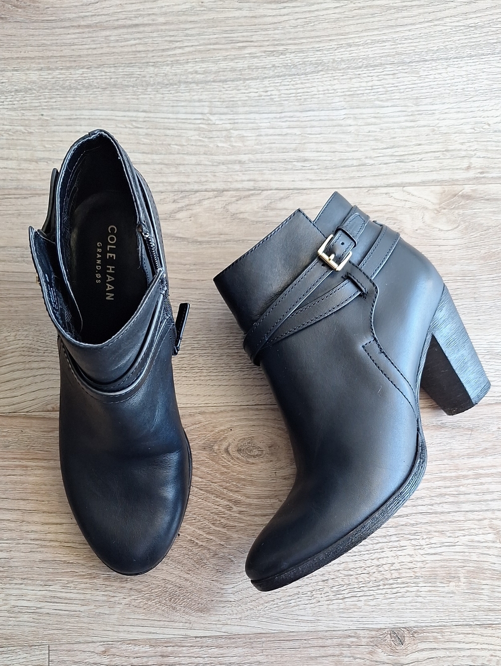 Cole Haan Black Leather Ankle Booties with Buckle Strap